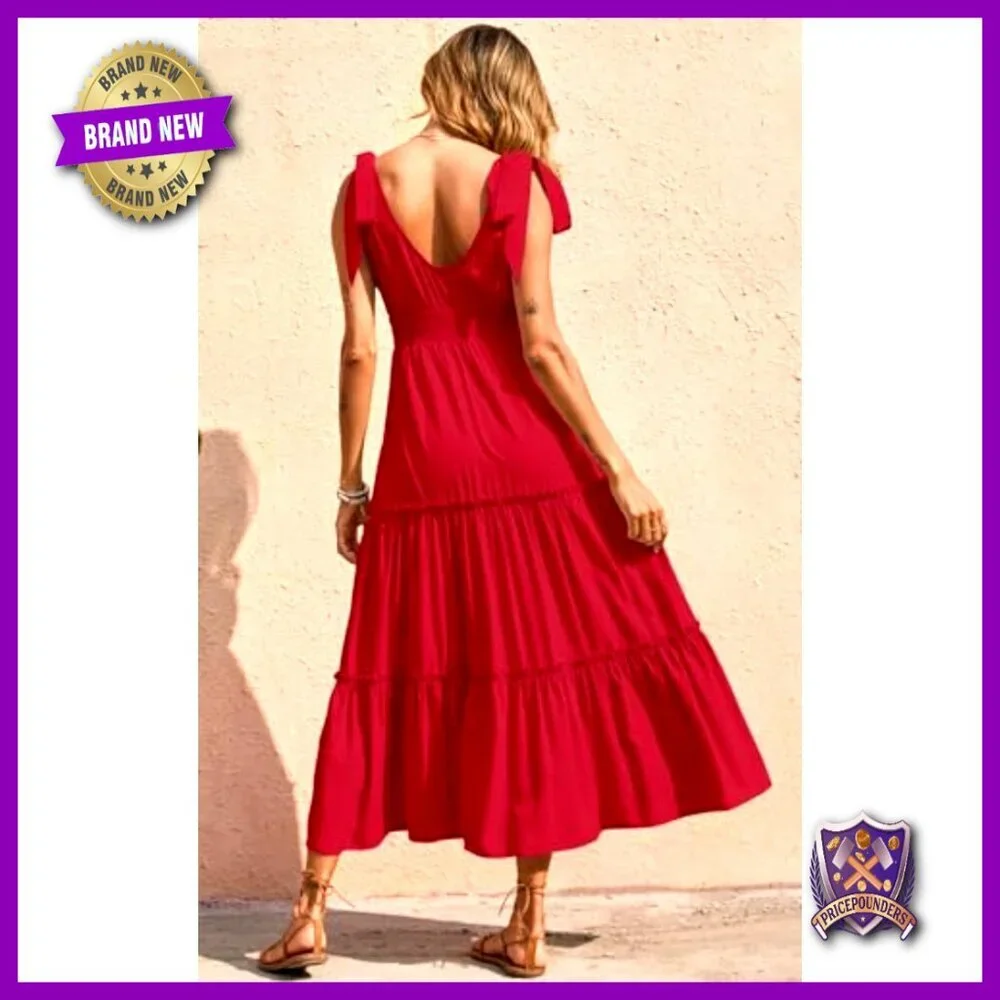 Sleeveless Smocked Waist Tiered Maxi Dress Cross Neck Boho Beach Sundress - Picture 5 of 7
